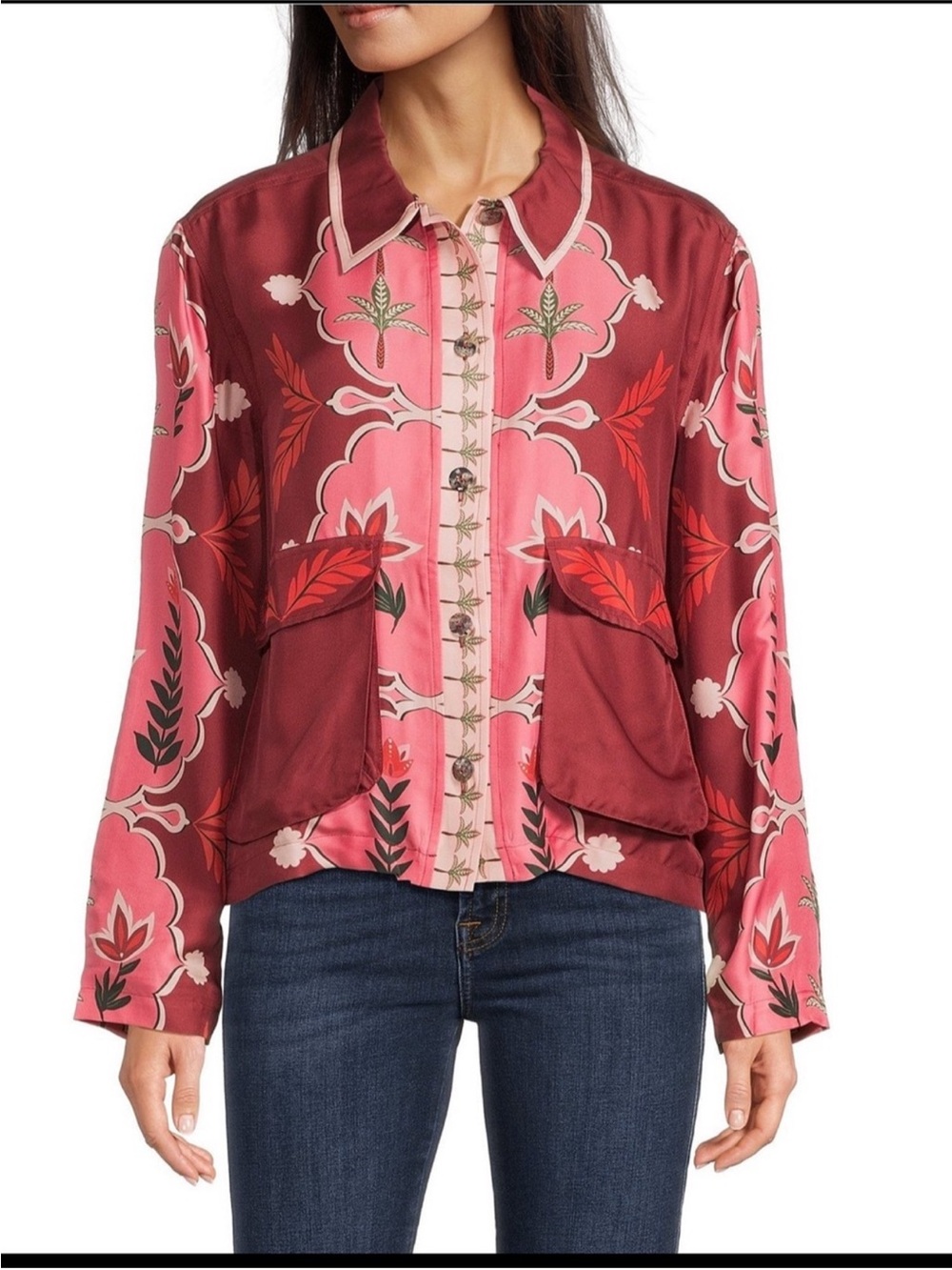 Johnny Was Burgundy & Pink Floral Silk Button-Down Shirt